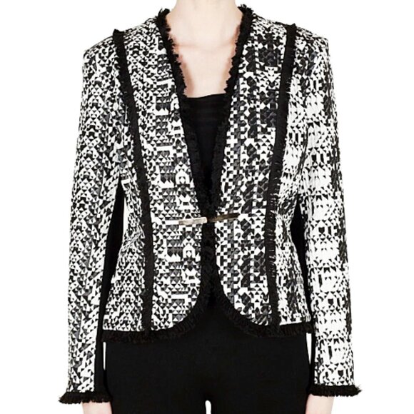 Joseph Ribkoff Fringe Trim Blazer Black White 8 Designer Statement Jacket - Picture 8 of 11